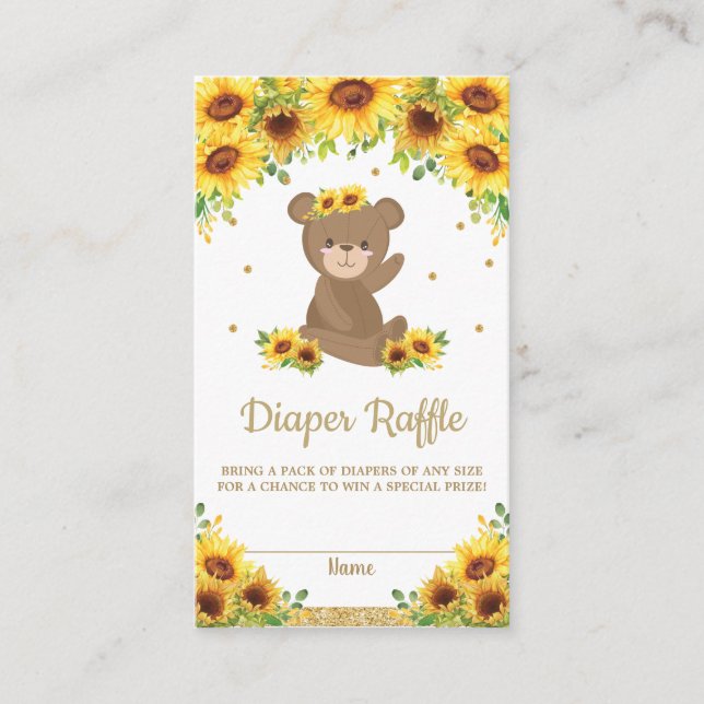 Tarjeta De Recepción Teddy Bear Sunflower Baby Shower Diaper Raffle (Anverso)