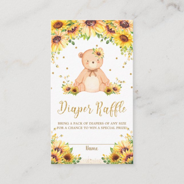 Tarjeta De Recepción Teddy Bear Sunflower Baby Shower Diaper Raffle (Anverso)