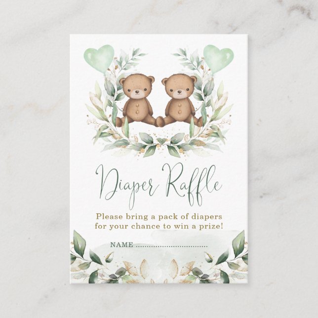 Tarjeta De Recepción Teddy Bear Twins Greenery Gold Diaper Raffle Baby (Anverso)