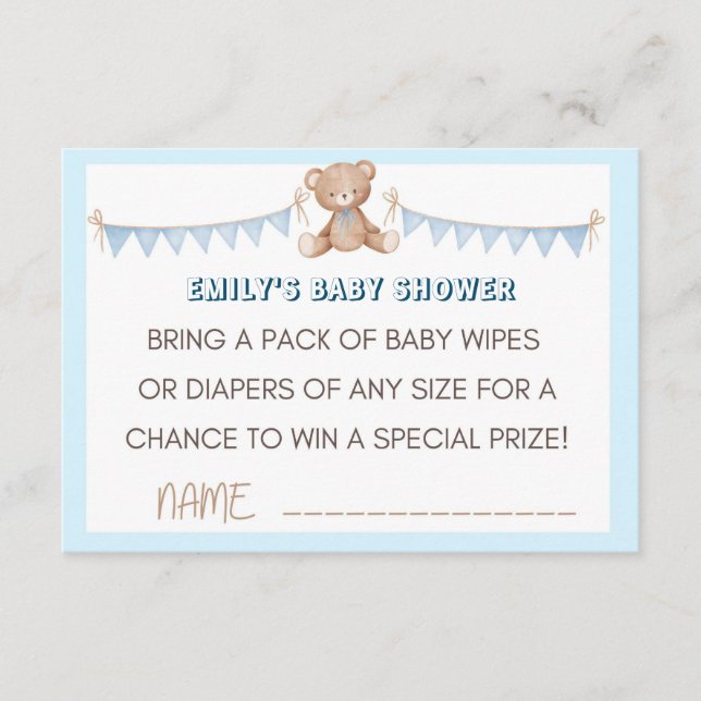 Tarjeta De Recepción Teddy Blue Bear Diaper y Wipes Raffle Insert (Anverso)