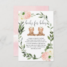 Tarjeta De Recepción Teddy gemelo lleva libros de flores rosadas para b