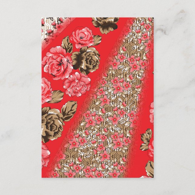 Tarjeta De Recepción Tejidos rojos vibrantes con intrincados florales y (Anverso)