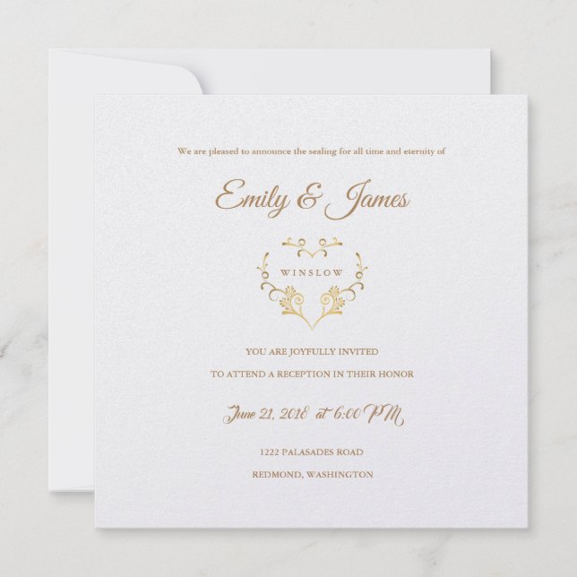 Tarjeta de recepción Temple Wedding Fancy Gold Hea (Anverso)