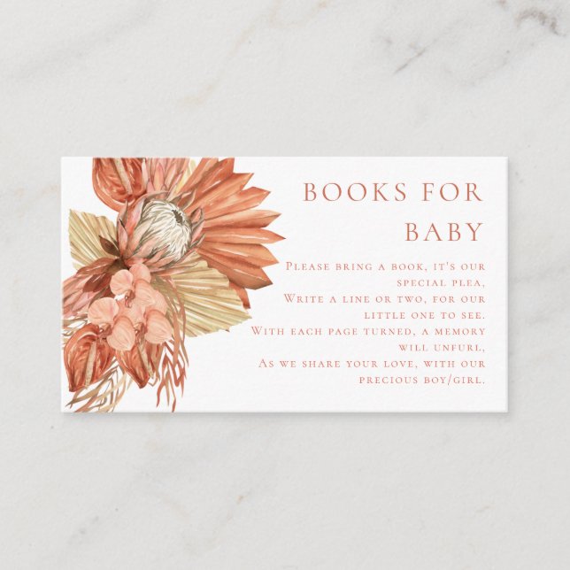 Tarjeta De Recepción terracota Boho acuarela floral Libros para bebé (Anverso)