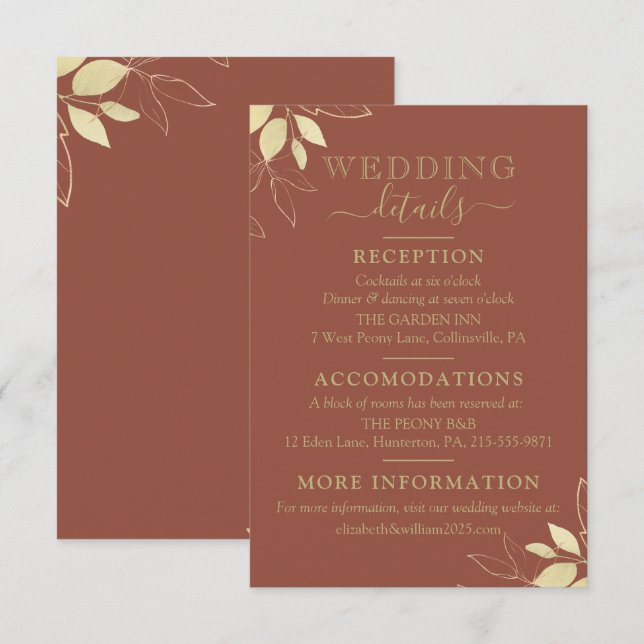 Tarjeta De Recepción Terracota y oro Foliage Boda Botánico moderno (Anverso / Reverso)