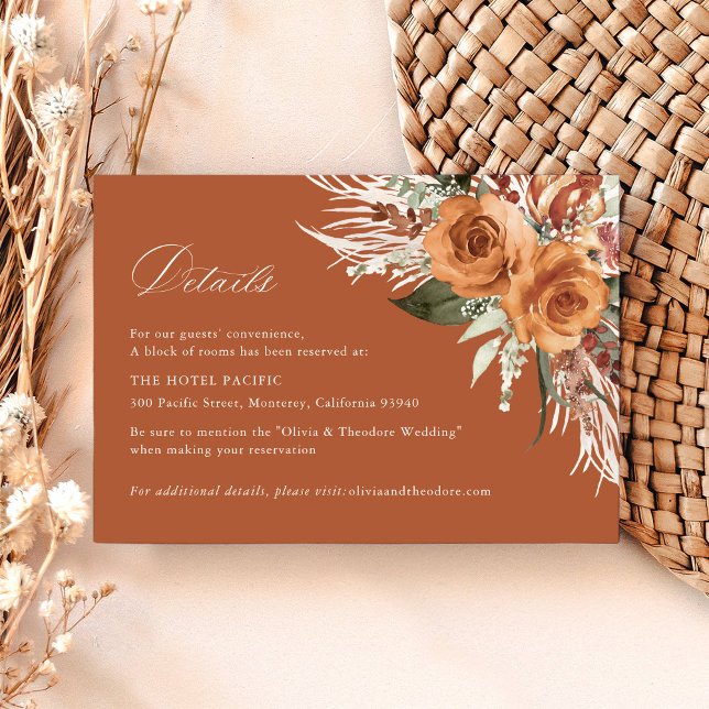 Tarjeta De Recepción Terracotta Boho Rose Floral Wedding Details Hotel (Terracotta boho rose floral hotel details card wedding stationery pampas, watercolor, modern classic)