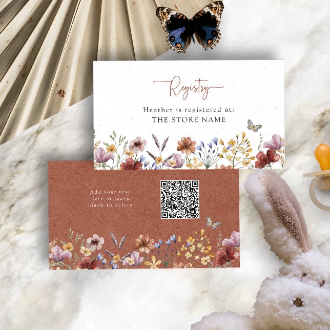 Tarjeta De Recepción Terracotta Boho Wildflowers Baby Shower (Terracotta Boho Wildflowers Baby Shower Enclosure Card
with QR Code by Painted Paperie)
