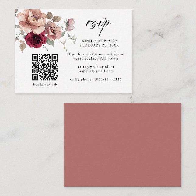Tarjeta De Recepción Terracotta Burgundy Floral QR Código Boda RSVP (Anverso / Reverso)