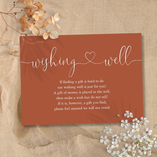 Tarjeta De Recepción Terracotta Corazón Script Pozo de los Deseos Boda (Terracotta Heart Script Wishing Well Wedding Enclosure Card)