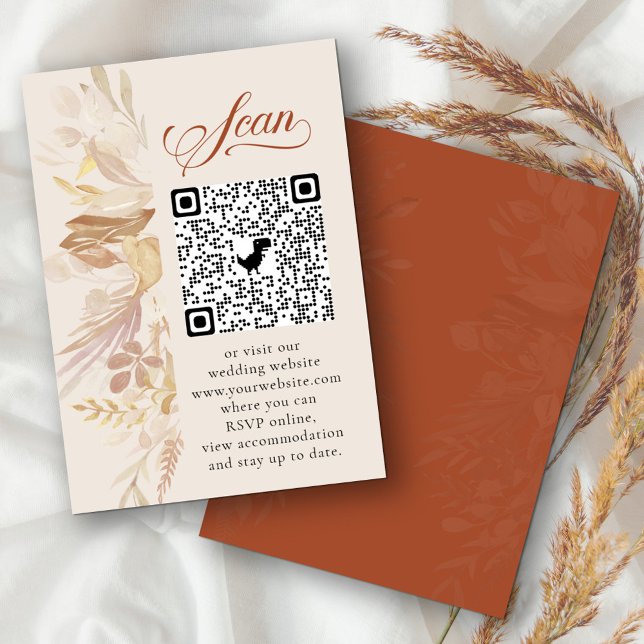Tarjeta De Recepción Terracotta Cream Botanic Online RSVP Código QR (Elegant wedding qr code rsvp in terracotta burnt orange and cream)