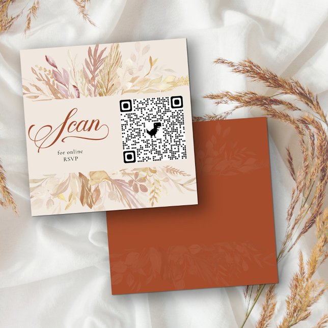 Tarjeta De Recepción Terracotta Cream Botanic Online RSVP Código QR (Square enclosure card with custom qr code for online rsvp. Terracotta burnt orange and cream)