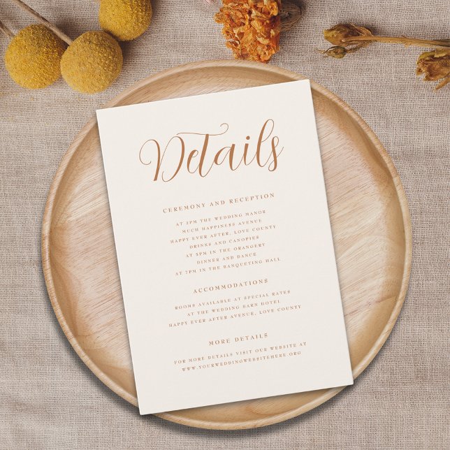 Tarjeta De Recepción Terracotta Elegant Script Moderno detalles Bodas (Terracotta burnt orange beige cream Elegant script fall Wedding details card)