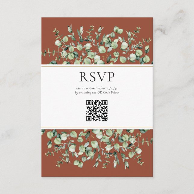 Tarjeta De Recepción Terracotta Eucalyptus Código QR Boda RSVP (Anverso)