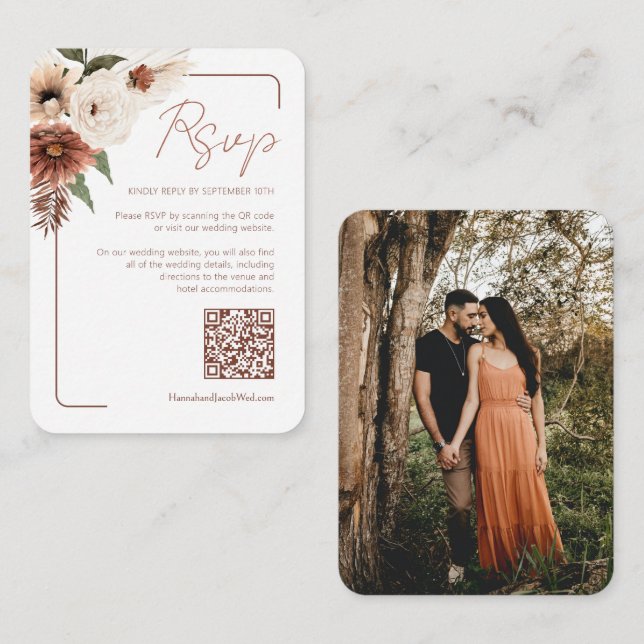 Tarjeta De Recepción Terracotta Fall Floral moderno Código QR RSVP (Anverso / Reverso)