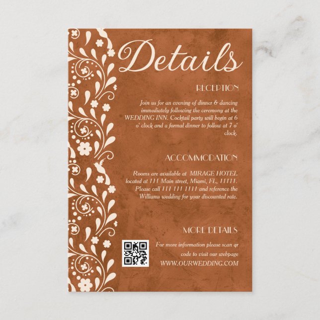 Tarjeta De Recepción Terracotta Floral Wedding Details QR code (Anverso)