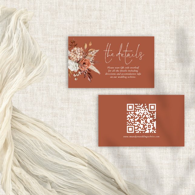 Tarjeta De Recepción Terracotta Florals Código QR Detalles del Boda de  (Front and back view)