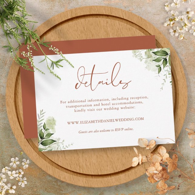 Tarjeta De Recepción Terracotta Rustic Greenerenery deja detalles Bodas (Terracotta Rustic Greenery Leaves Wedding Details Enclosure Card)