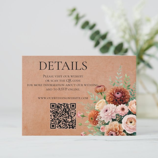Tarjeta De Recepción Terracotta Sage Green Flowers Boda QR Detalles (Anverso de pie)