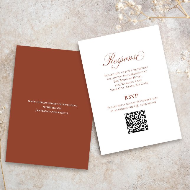 Tarjeta De Recepción Terracotta Script Wedding RSVP QR Code (Elegant terracotta RSVP QR code card with modern script for easy online wedding replies)