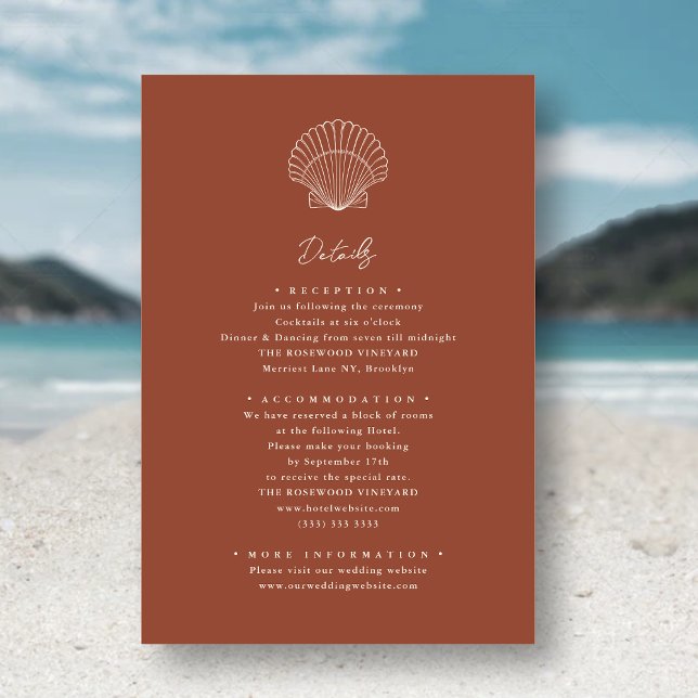 Tarjeta De Recepción Terracotta Seashell Beach Destination Wedding (Subido por el creador)