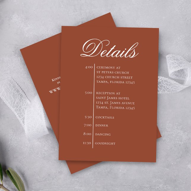 Tarjeta De Recepción Terracotta Wedding Timeline Details Simple RSVP (Terracotta Wedding Invitation Enclosure Card with simple timeline.)