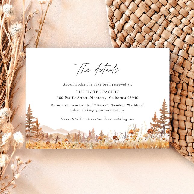 Tarjeta De Recepción Terracotta Wildflower Mountain Wedding Hotel (Terracotta wildflower mountain wedding hotel details card with watercolor florals, boho rustic card)