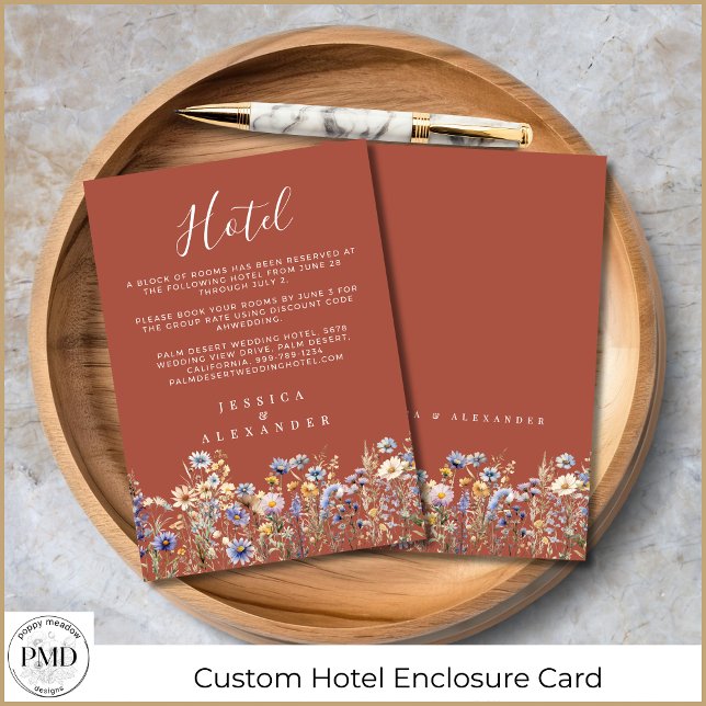 Tarjeta De Recepción Terracotta Wildflowers Elegant Wedding Hotel (Terracotta Wildflowers Elegant Wedding Hotel Enclosure Card with Dusty Blue Watercolor Wildflowers.)