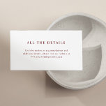 Tarjeta De Recepción Texto elegante blanco y rojo oscuro | Detalles del<br><div class="desc">Estas minimalistas y elegantes tarjetas de alojamiento de detalles de invitados presentan un color rojo oscuro,  un texto marrón sobre un fondo blanco,  para un aspecto sencillo y elegante. Simplemente introduzca los detalles relativos al alojamiento del hotel,  las direcciones de conducción y otra información importante para sus huéspedes.</div>