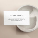Tarjeta De Recepción Texto simple y elegante | Detalles del Boda<br><div class="desc">Estas minimalistas y elegantes tarjetas de alojamiento de detalles de invitados presentan un moderno texto negro sobre un fondo blanco limpio,  para un aspecto sencillo y elegante. Simplemente introduzca los detalles relativos al alojamiento del hotel,  las direcciones de conducción y otra información importante para sus huéspedes.</div>