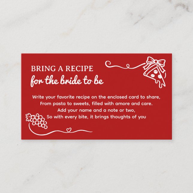 Tarjeta De Recepción That's Amore Bridal Shower Bring a Recipe  (Anverso)