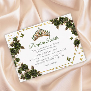 Tarjeta De Recepción Tiara Dorada Verde Rosas Mariposas Quinceañera