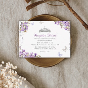 Tarjeta De Recepción Tiara floral de mariposa de plata lavanda Quinceañ