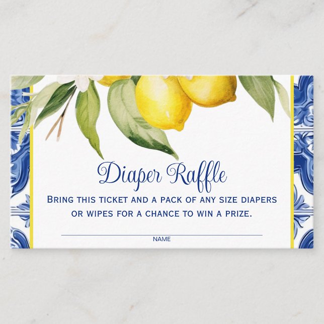 Tarjeta De Recepción Tile Mediterráneo Lemons Diaper Raffle (Pretty blue and white tile and lemons diaper raffle tickets. You can add your own text.)