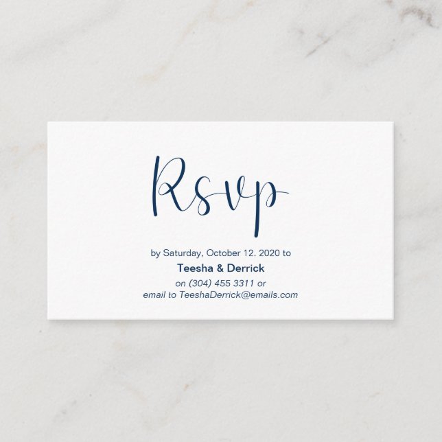 Tarjeta De Recepción Tipo mínimo de letra azul marino, RSVP de boda, re (Anverso)