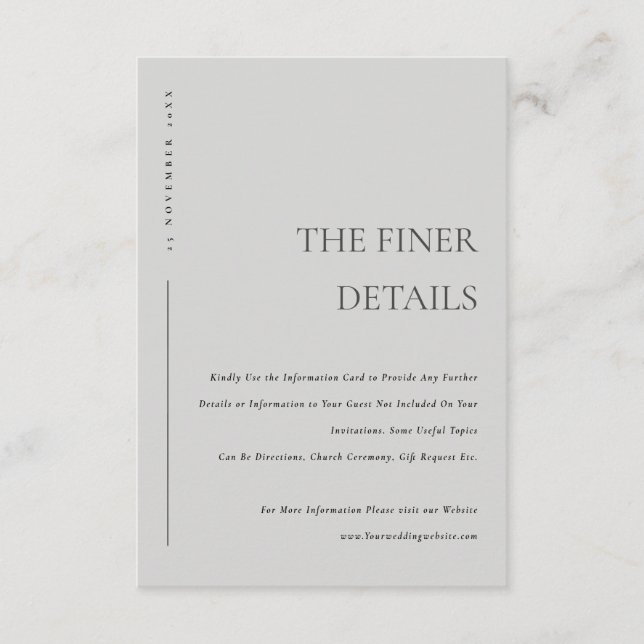 Tarjeta De Recepción Tipografía gris minimal suave Detalle de boda (Anverso)