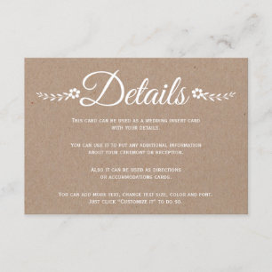 Tarjeta De Recepción Tipografía kraft papel detalles del boda insertar