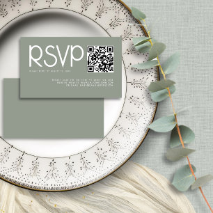 Tarjeta De Recepción Tipografía moderna Código QR Boda verde sabia RSVP