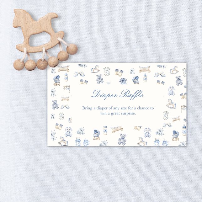Tarjeta De Recepción Toile De Jouy Baby Shower Blue Bow  Diaper Raffle (Toile De Jouy Baby Shower Blue Bow Diaper Raffle Enclosure Card)