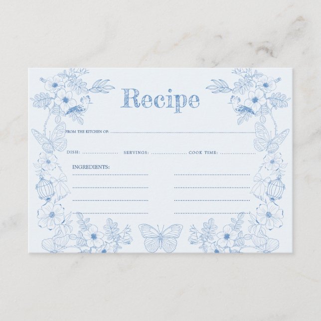 Tarjeta De Recepción Toile De Jouy Blue Floral Bridal Shower Receta (Anverso)