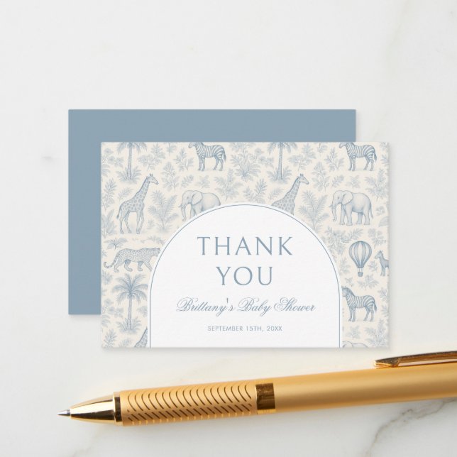 Tarjeta De Recepción Toile De Jouy Safari Pastel Azul Baby Shower (Anverso/Reverso In Situ)