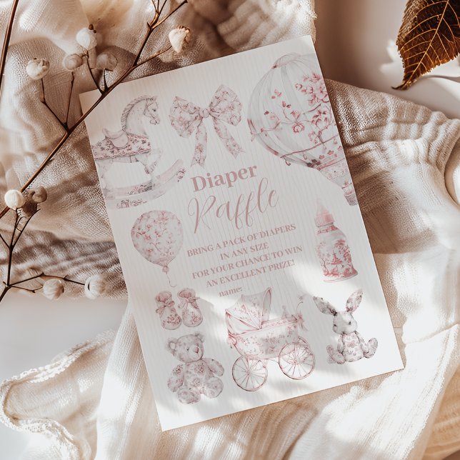 Tarjeta De Recepción Toile Rosa De Jouy Toys Baby Shower Diapper Raffle (Subido por el creador)