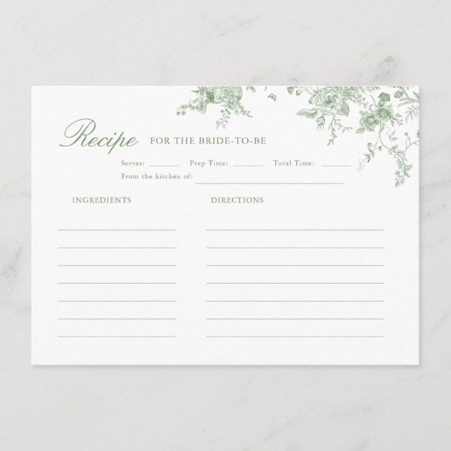 Tarjeta De Recepción Toile Sage Green Floral Bridal Shower Receta (Anverso)