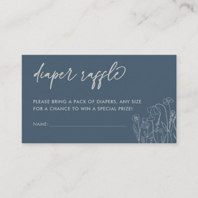 Tarjeta De Recepción Topaz Blue Wildflower Line Art Diaper Raffle (Anverso)