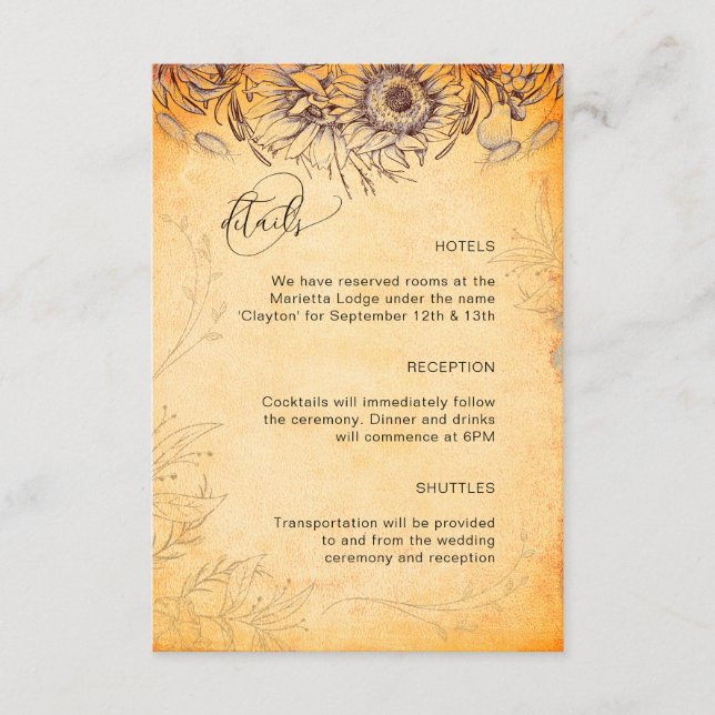 Tarjeta De Recepción Tracería de textura otoñal de girasol Toscana (Anverso)