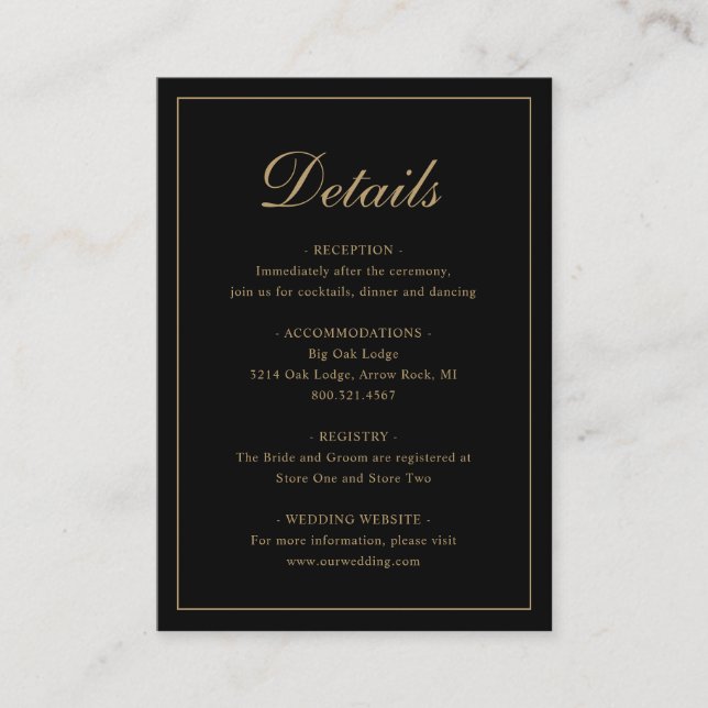 Tarjeta De Recepción Tradicional formal elegante negro y Boda de oro (Anverso)