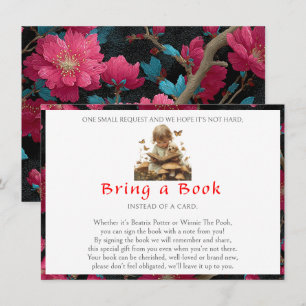 Tarjeta De Recepción Trae un libro, bebé, niña, cachorro, flores rojas