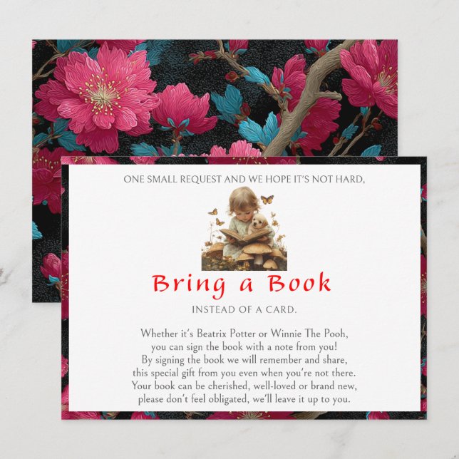 Tarjeta De Recepción Trae un libro, bebé, niña, cachorro, flores rojas (Anverso / Reverso)