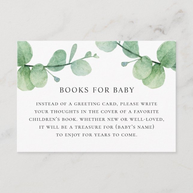 Tarjeta De Recepción Trae un libro para tu petición de bebé. Eucalipto  (Anverso)