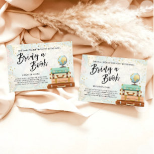Tarjeta De Recepción Travel Adventure Gold Baby Shower Bring un libro