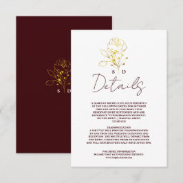 Tarjeta De Recepción Trendy Deep Burgundy Gold Monogram Wedding Details